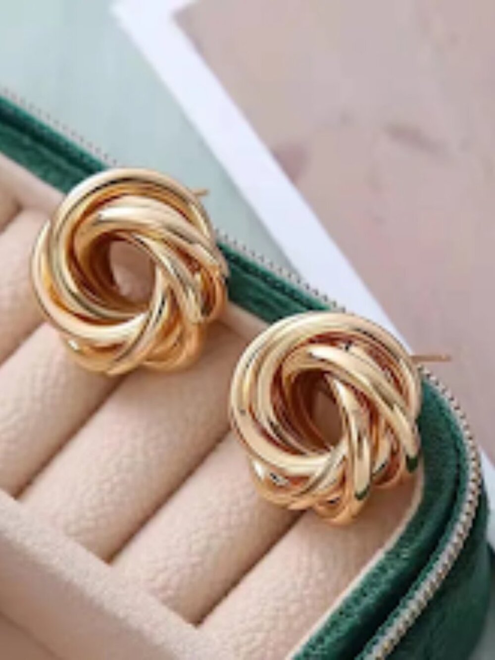 Gold Stainless Steel Woven Love Knot Stud Earrings Chunky Textured Swirl Hoop - Picture 11 of 11